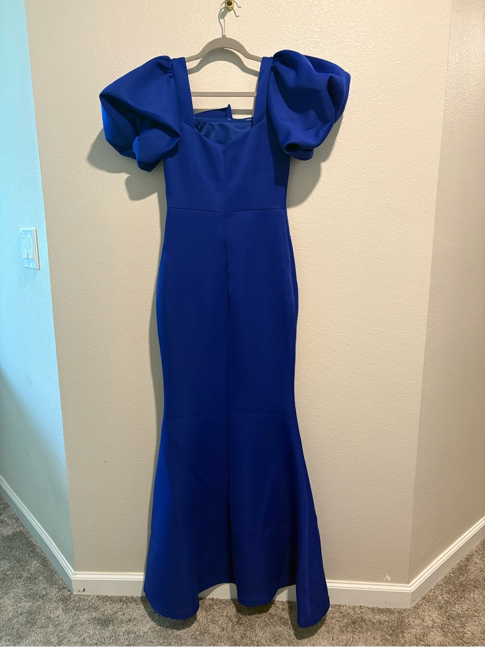 Royal Blue Puff-Sleeve Mermaid Maxi Dress with Waist Bow - Picture 4 of 5
